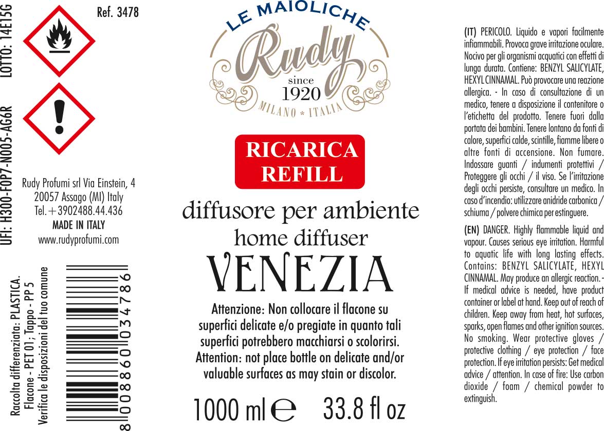 Etichetta avvertenze ricarica diffusore per ambienti linea Venezia delle maioliche di Rudy Profumi
