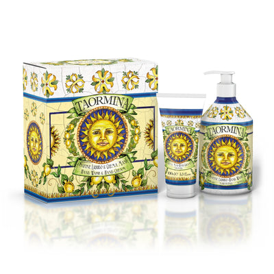 <b>Maioliche set</b></br>Sapone liquido 500 mL + Crema mani 100 mL</br><i>Linea Taormina</i>