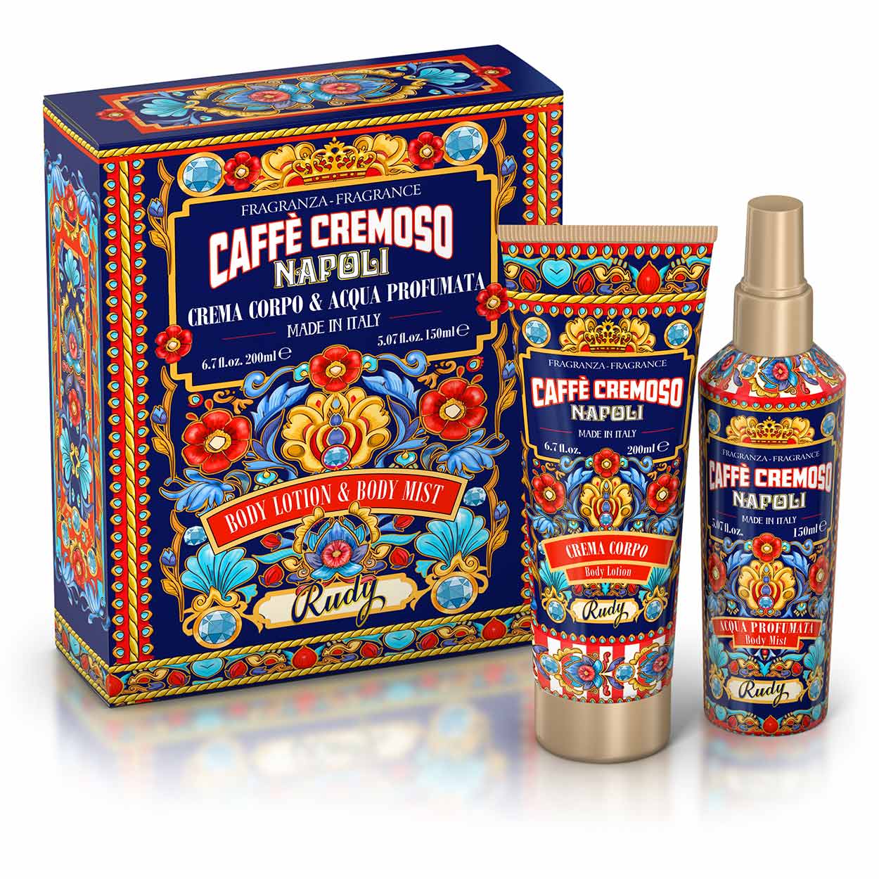 <b>Caixa de presente com Água perfumada 150 mL + Creme hidratante corporal 200 mL</b></br>Edição Gourmand</br><i>Café Cremoso</i>