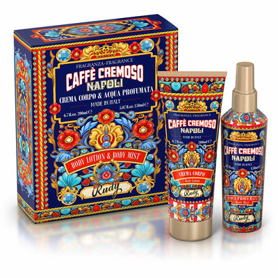 <b>Caixa de presente com Água perfumada 150 mL + Creme hidratante corporal 200 mL</b></br>Edição Gourmand</br><i>Café Cremoso</i>