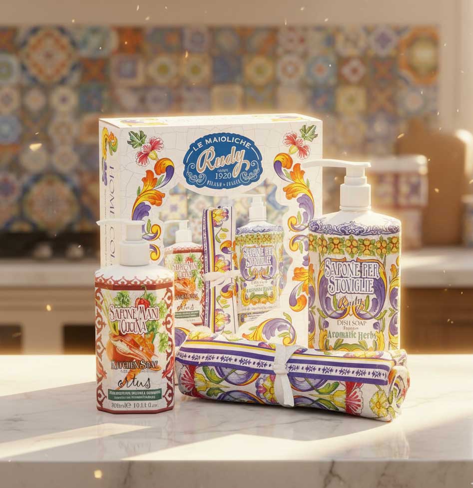 <b>Maioliche home collection</b><br>Set sapone mani cucina, sapone piatti e canovaccio