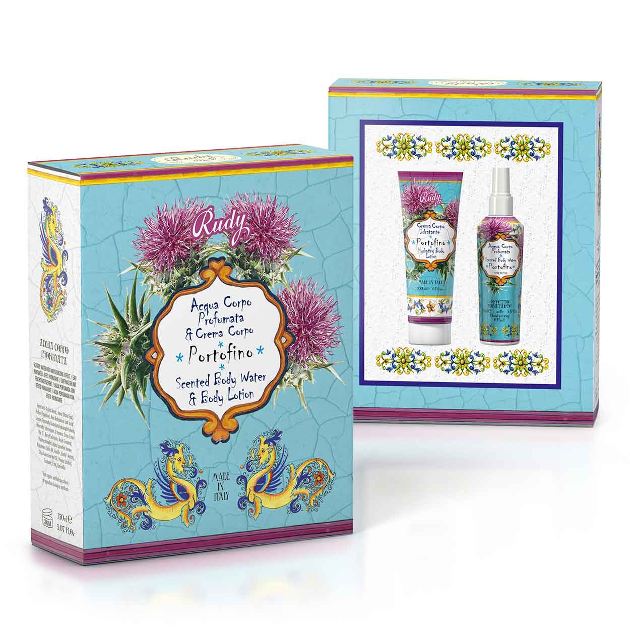 <b>Caixa de presente com Água Perfumada 150 mL + Creme hidratante corporal 200 mL</b></br>Le Maioliche di Rudy</br><i>Linha Portofino</i>
