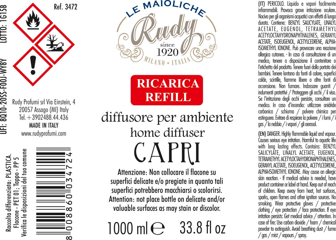 Etichetta avvertenze ricarica diffusore per ambienti linea Capri delle maioliche di Rudy Profumi