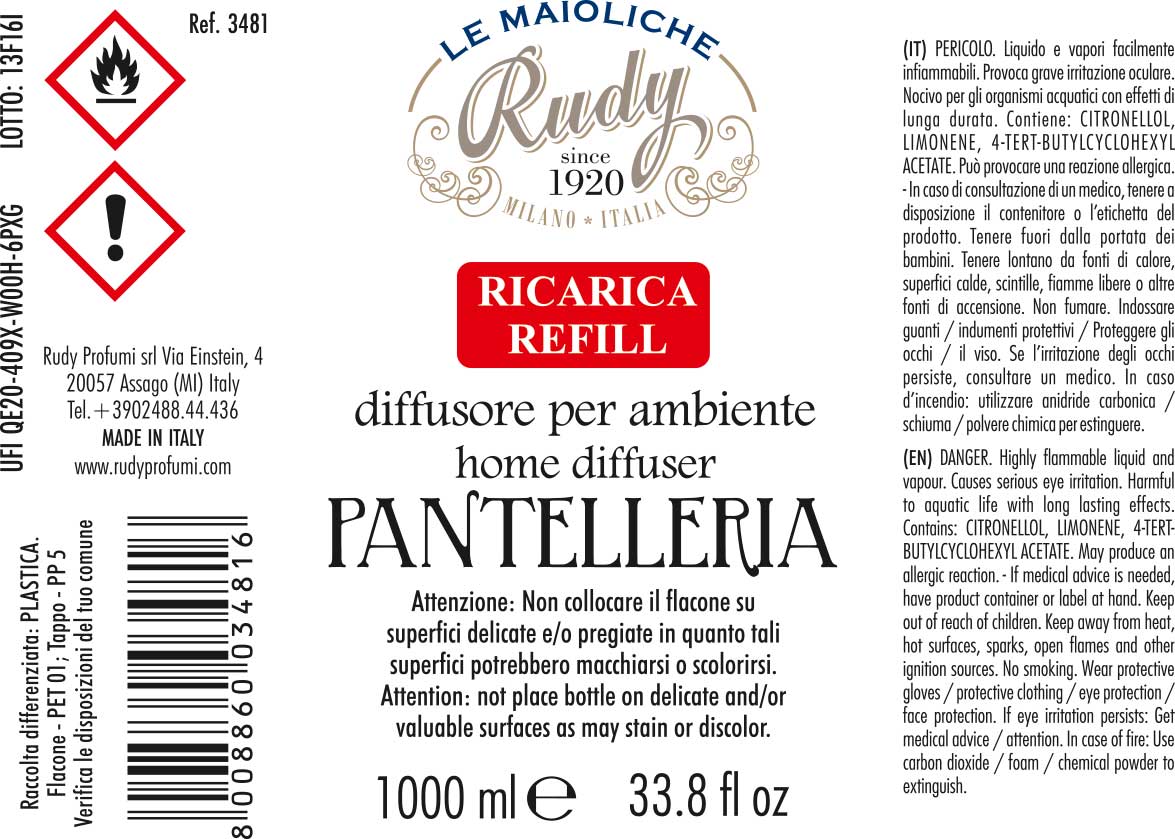Etichetta avvertenze ricarica diffusore per ambienti linea Pantelleria delle maioliche di Rudy Profumi