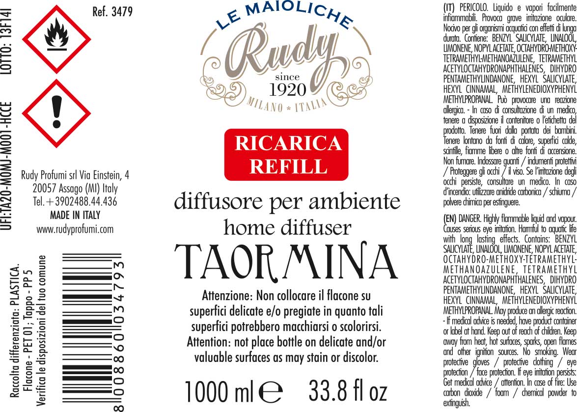 Etichetta avvertenze ricarica diffusore per ambienti linea Taormina delle maioliche di Rudy Profumi