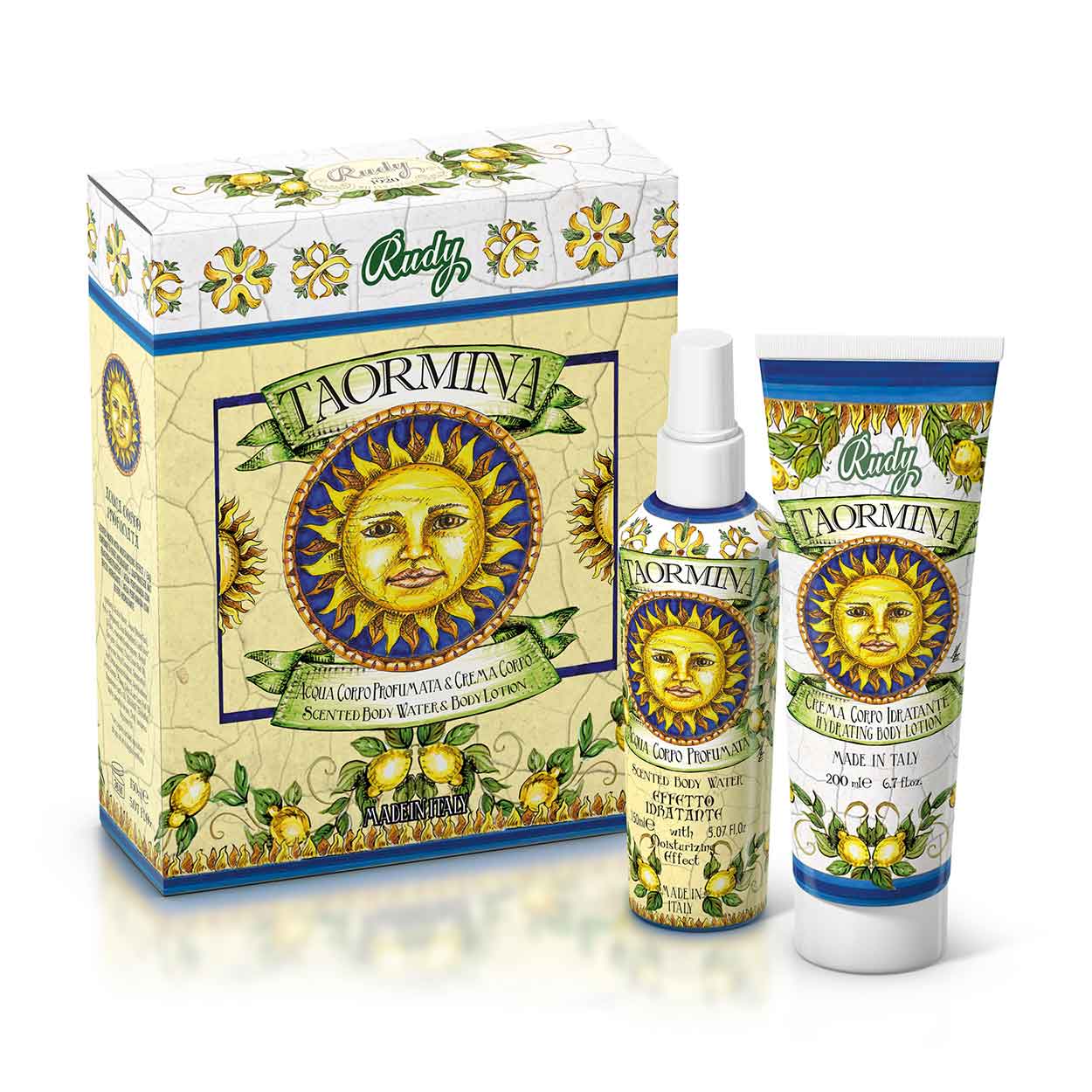<b>Caixa de presente com Água Perfumada 150 mL + Creme hidratante corporal 200 mL</b></br>Le Maioliche di Rudy</br><i>Linha Taormina</i>