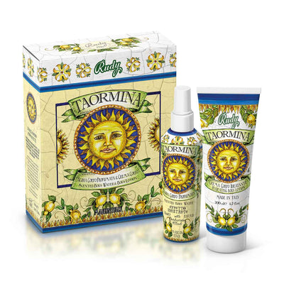 <b>Caixa de presente com Água Perfumada 150 mL + Creme hidratante corporal 200 mL</b></br>Le Maioliche di Rudy</br><i>Linha Taormina</i>