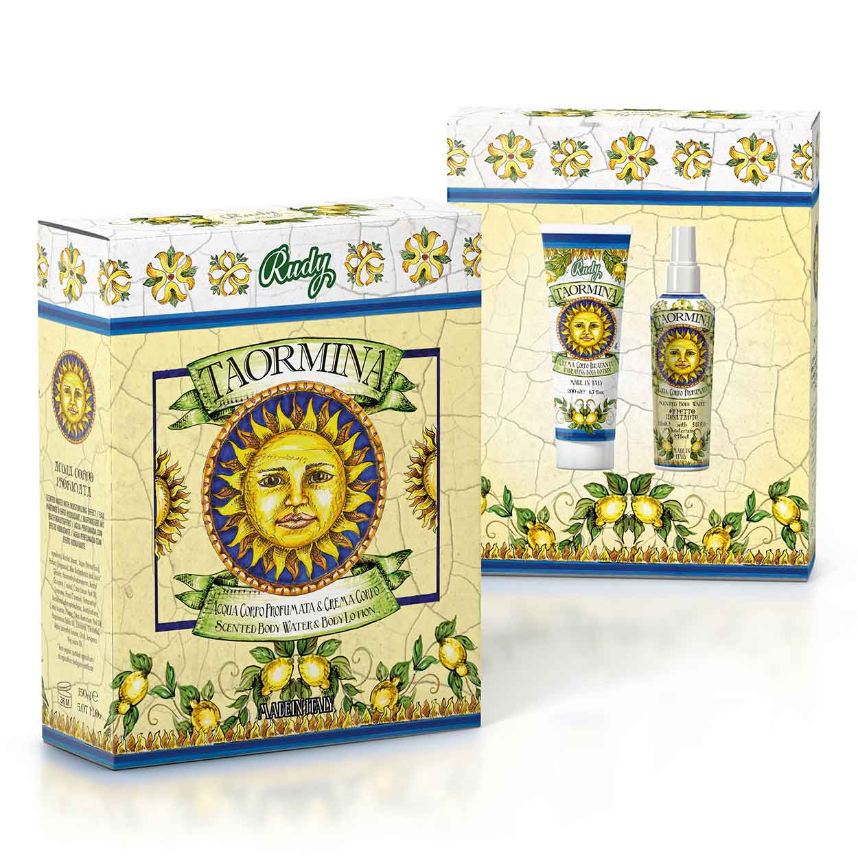 <b>Caixa de presente com Água Perfumada 150 mL + Creme hidratante corporal 200 mL</b></br>Le Maioliche di Rudy</br><i>Linha Taormina</i>