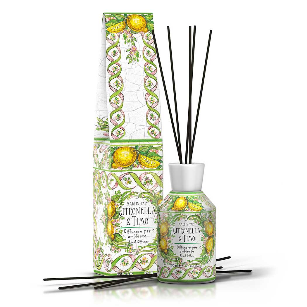 <p><strong>Room diffuser with sticks 250 mL</strong><br />
Citronella & Thyme range</p>