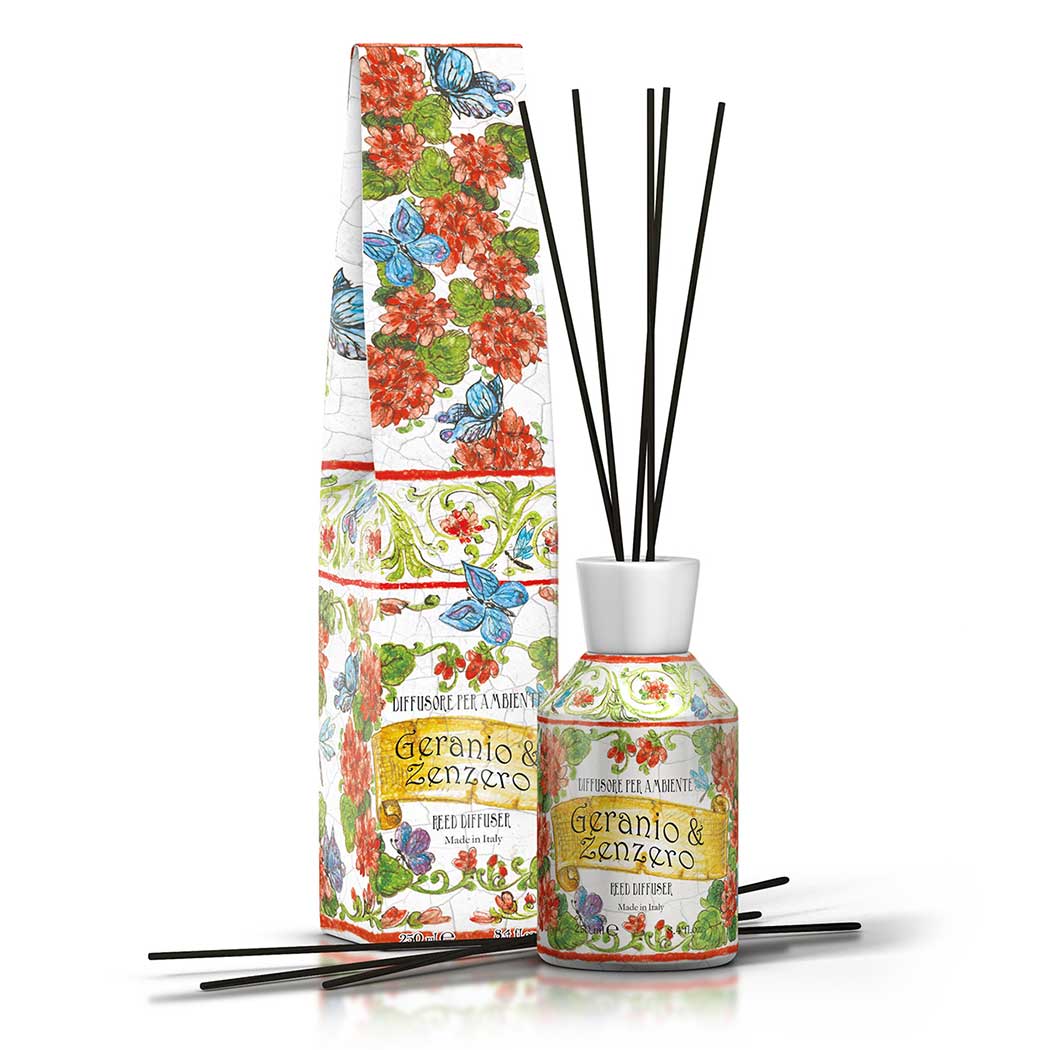 <p><strong>Room diffuser with sticks 250 mL</strong><br />
Geranium & Ginger range</p>