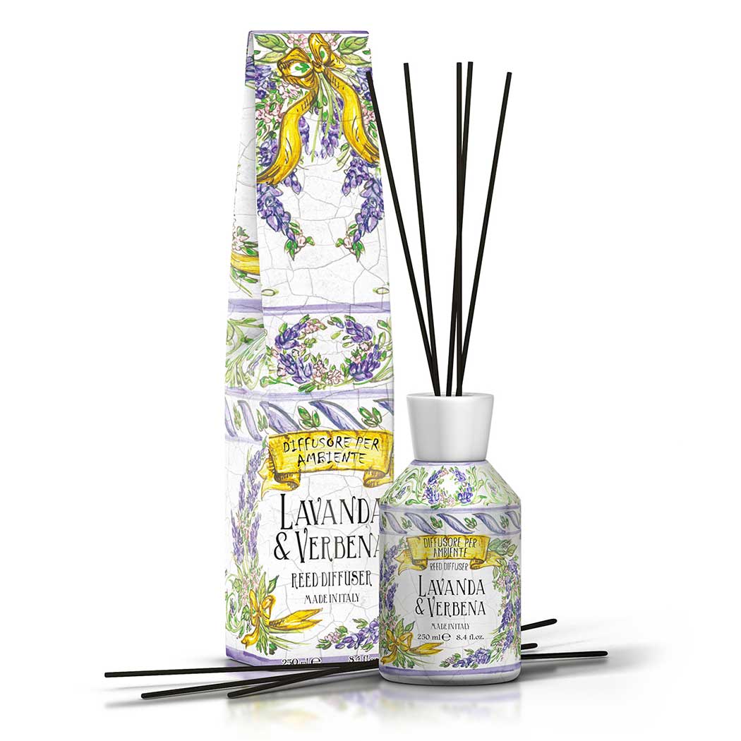 <p><strong>Room diffuser with sticks 250 mL</strong><br />
Lavender &amp; Verbena range</p>